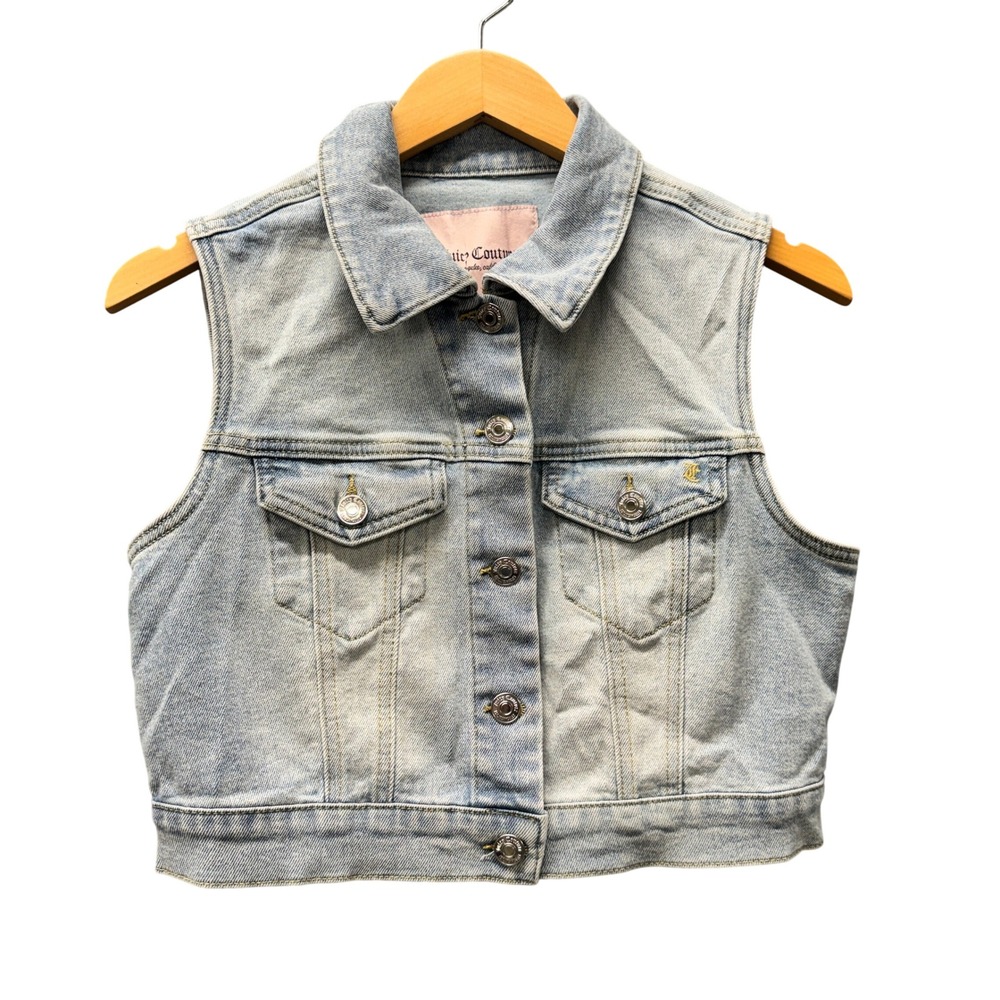 Juicy Couture Denim Vest Jacket Womens Small Rhinestone Logo Blue Y2K Cropped